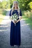 Elegant Summer Garden Bridesmaid Dresses For Weddings Navy Blue Chiffon Short Sleeves Illusion Lace Long Boho Maid of Honor Gowns Custom