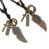 Mens Vintage Cross Angel Wing Hanger Ketting Punk Lange Lederen Ketting Kettingen Voor Mannen Dames Charms Verklaring Sieraden