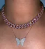 PINK girl women jewelry micro pave pink cz miami cuban link chain choker necklace female hip hop jewelry fashion