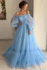 Elegant Light Sky Blue Pink Evening Dresses with Poet Sleeves Off Shoulders Pleats Ruffles Tiered Tulle Long Party Prom Gowns Arabic