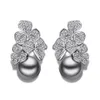 Fashion-New Year Prezent Moda Kwiat Drop Earring Oświadczenie Biżuteria Pendientes Aros Z Clear Crystal i Symulowane Szare Pearl Kolczyki