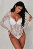 White Underwire Floral Lace Long Sleeve Bodysuit Eyelash Trim Bralette Cups Women Sexy Sheer Romper Fashion Tops DLM32466