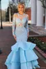 Niebo Blue Mermaid Suknie Wieczorowe Koronki Z Długim Rękawem Caftan Ruffles Hollow Prom Suknie Plus Rozmiar Specjalna okazja Formalna sukienka imprezowa