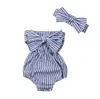 Baby Girls Clothes Kids Bow Striped Rompers Headband Clothing Sets Summer Off-Shoulder Jumpsuit Hairband Outfits Triangle Onesies AYP451