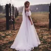 Kant Boho Een lijn Trouwjurk 2020 V-hals Off The Shoulder Beach Shiny Tulle Sweep Train Wedding Bridal Jurken Vestido de Noiva