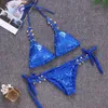 Mulheres Swimwear Feminino Bikini Two Piece Swimsuit Maiô Bainha Lantejoulas Azul Rosa Praia Desgaste