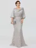 2019 New Silver Elegant Mother Of The Bride Dresses Half Sleeve Lace Mermaid Wedding Guest Dress Plus Size Formal Evening Gowns192b