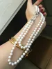 Hand knotted 2strands 7-8mm white freshwater pearl necklace sweater chain long 43-48cm