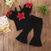 2019 Nova Moda Crianças Meninas Roupas Sólidas Bebê Meninas Floral Imprimir Off Tops + Roupas de Calças Flared Conjuntos