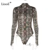 Liooil Sexy Snake Print Top Damen Shirts Langarm Rollkragen Schlangenhaut Hemd Figurbetonte Bluse Party Damen Tops und Blusen