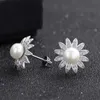 Vente en gros - Mode populaire de luxe Classic Classic Diamond Sun Flower Pearl S925 Sterling Silver Stud Boucles d'oreilles pour femme