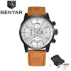 Benyar New Fashion Chronograph äkta lädersport Mens Watches Top Brand Luxury Military Quartz Watch Clock Relogio Masculino252r