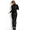 17 Farben Langarm Skinny Maxikleid Damen Kunstleder Rücken Vollreißverschluss Langes Kleid Glitzer Performance Bodycon Clubwear