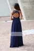 2019 Abiti da damigella d'onore con top in pizzo blu navy Gioiello Collo senza schienale Chiffon Illusion Lunghezza pavimento Abito lungo per ospiti di nozze junior Custo284A