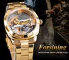 Reloj mecánico Forsining transparente dorado para hombre Steampunk esqueleto engranaje automático auto viento banda de acero inoxidable reloj Montre310h