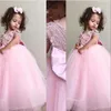 Nouveau Mignon Pas Cher Rose Princesse Filles Pageant Robes Bijou Cou Tulle Dentelle Appliques Perles Arc Manches Courtes Enfants De Mariage Fleur Filles Robe