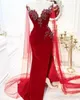 Rode zeemeermin Afrikaanse meisjes avondjurken met lange tule wrap 2020 pure juwelen hals kant kralen cap sleeve kant split prom jurken