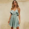 Women Summer Straps Beach Dress Sexy V Neck Open Back Lace Up Ruffles Mini Dresses Casual White Dress Vestidos