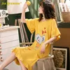 Women's Sleepwear Woman Clothes Yellow Crew Neck Fashion Style Casual Night Gown Sleep Dress Short Sleeve Cartoon Printing Home