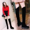 Größe 33 bis 42 43 schwarze Spitze High Heel unsichtbare Keilschuhe Overknee Oberschenkel hohe Stiefel sexy Winter Designer Booties Tradingbear