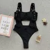 Traje de baño negro de una pieza para mujer, traje de baño recortado de Badpak, Monokini fundido, Tanga de nailon y LICRA, traje de baño Sexy para mujer 2021