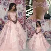 Quinceanera klänningar rosa spetsapplikation paljetter från axeln söt formell prom party bollklänning anpassad