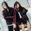 New Hooded Denim Jacket Trendy Style Stitching Zipper Hit Color Letters Weaving Bands Loose Couple Jeans Jacket Removable Cap