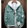 Men women 2019 New spring Fake two pieces Stitching Pink Ripped Hooded Denim jeans Jacket Hip Hop Swag Loose Holes Casual Coats T200102