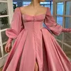 Vintage Pink Evening Dresses Square Neck Long Sleeves Satin Button Prom Dress Custom Made Ruched Sweep Train Formal Party Dresses