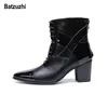 Batzuzhi Limited Edition 7 cm High Heel Men Boots Short Spioste Toe Black Leather Sukienka Buty Mężczyźni Przystojny Lace-Up Botas Hombre