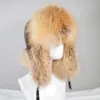 男性の屋外の冬の自然なリアルキツネの毛皮の息切な柔らかい品質リアルアライグマの毛皮キャップ高級本物のシープスキンレザーハットY200110