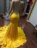 Yellow Sexy V Neck Mermaid Prom Dresses Long Sleeve Plus Size See Sheer Crystal Beaded Evening Gowns African Formal Dress