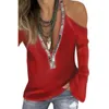 Sexy Sequins V Neck Cold Shoulder Long Sleeve T-Shirt Women Solid Color Top Plus Size Solid Color Sequins Decor Women's T-Shirt