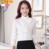 Wysokiej Jakości Z Długim Rękawu Szyfonowa Bluzka Eleganckie Kobiety Ruffles Koszula Slim Office Blusa Feminina Work Wear Plus Size Topy J190615