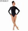 Atacado-OVIGILY Roxo Adultos Manga Longa Collant Para Ginástica Feminino Elastano Metálico Gola Rulê Collant de Dança Vermelho Balé Bodysuits