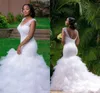 Arabic Style Plus Size Wedding Dresses 2019 Deep V Neck Beading Layers Mermaid Wedding Gowns Chapel Train Lace Up Back Beach Bridal Dresses