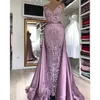 V Neck Mermaid Long Evening Dresses Lace Arabic Long Satin Formal Party Bridesmaids Evening Prom Dresses Gown With detachable Train BM1627