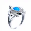 925 Ayar Gümüş Lüks Kristal Yüzükler Mavi / Beyaz Yangın Opal Kaplumbağa Yüzükler Kadınlar için