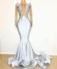 Silver Long Sleeves Evening Dresses Illusion Bodice Plunging V Jewel Neck Mermaid Sweep Train Lace Applique Spandex Prom Party Gown