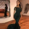 2020 Arabski Dark Green Mermaid Suknie Wieczorowe Off Ramię Koronki Zroszony Prom Dress Formalne Party Suknie Custom Size