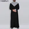 Ropa étnica Incerun Vintage Hombres Robas islámicas Musulmán Kaftan Manga larga Color-Block Soporte Collar Jubba Thobe S-5XL