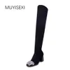 Hot Sale-Over The Knee High Boots Elastic Flock Chunky Heel Women Boots Black Square Toe With Rhinestone Girl Qu01 Muyisexi