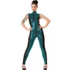 11 Colors Novelty Zipper To Crotch Sexy Jumpsuit Women Patchwork Color Skinny Bodysuit Wet Look Sleeveless Turtleneck Catsuit