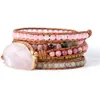 Native Inspired Pärlor Läderarmband Tourmaline Pink Quartz 5 Strands Woven Wrap Armband Bohemian Armband Dropship J190721