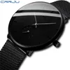 CRRJU 2150 mode hommes montres Top marque casual Ultra-mince maille acier montre-bracelet hommes noir sport étanche montre à Quartz reloj