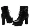 Chaud Sale-Cuir Noir Bottes de moto pour femme haute plate-forme Haute plate-forme Bottines à talons épais Bottines élégantes Chaussures Cool Christma