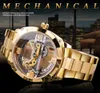 Verfansen transparant gouden mechanisch horloge heren Steampunk Skelet Automatische Gear Zelfwind roestvrijstalen band klok Montre275O