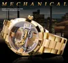 Forsining transparente Golden Mechanical Watch Mens steampunk esqueleto de engrenagem automática de vento auto -aço de aço inoxidável relógio Montre275o