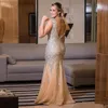 Cristais brilhante Champagne Mermaid Evening Dresses frisados ​​lantejoulas Backless Prom Vestido Plus Size Vestidos Tulle Evening