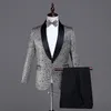 メンズスーツブレザージャケットパンツボウタイメンズスリーピーススーツステージウェディングドレス光沢のあるプリント男性ファッションスリム3045